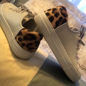 ABLE Emmy White Leather Sneakers w Leopard Pony Hair Back 9M